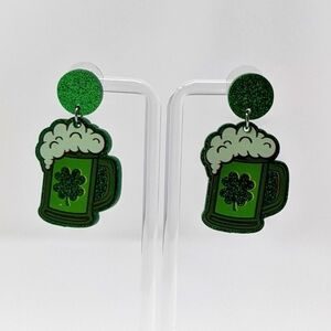 St. Patrick's Day green glitter beer mug drop earrings